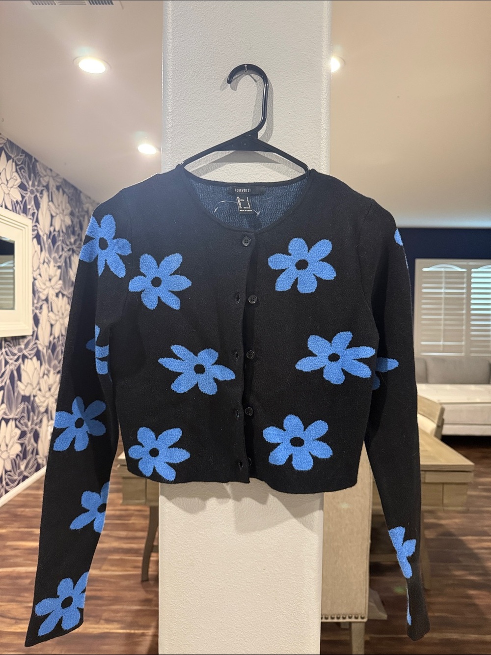 Forever 21 Black Cardigan with Blue Floral Pattern